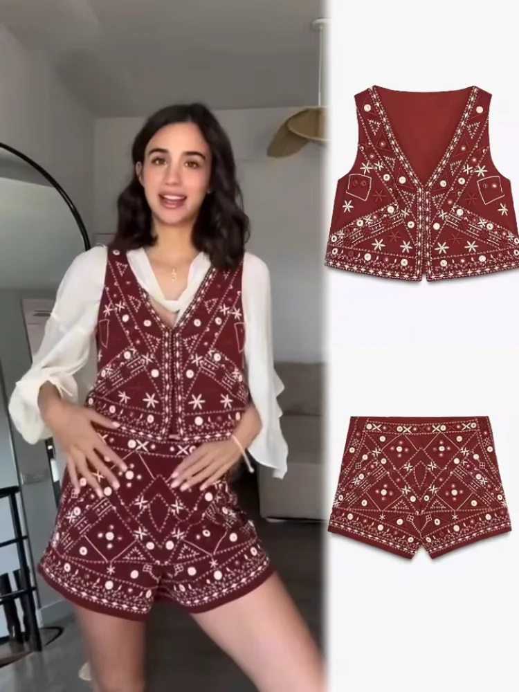 

Fashion Embroidery Knot Button Women's Two Piece Suits V-neck Sleeveless Slim Top Short Pants 2025 Summer Lady Causal Outfits