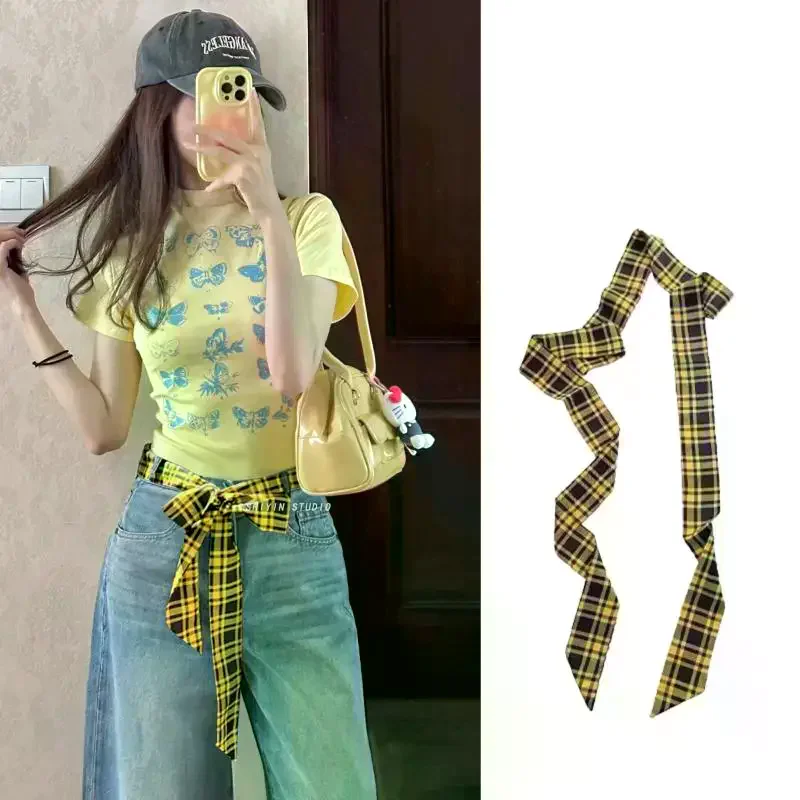 Long Skinny Plaid Waist Belt With Jeans Necktie Scarf Decorative Accessory Personality Trendy Hairband Fashionable Accessory
