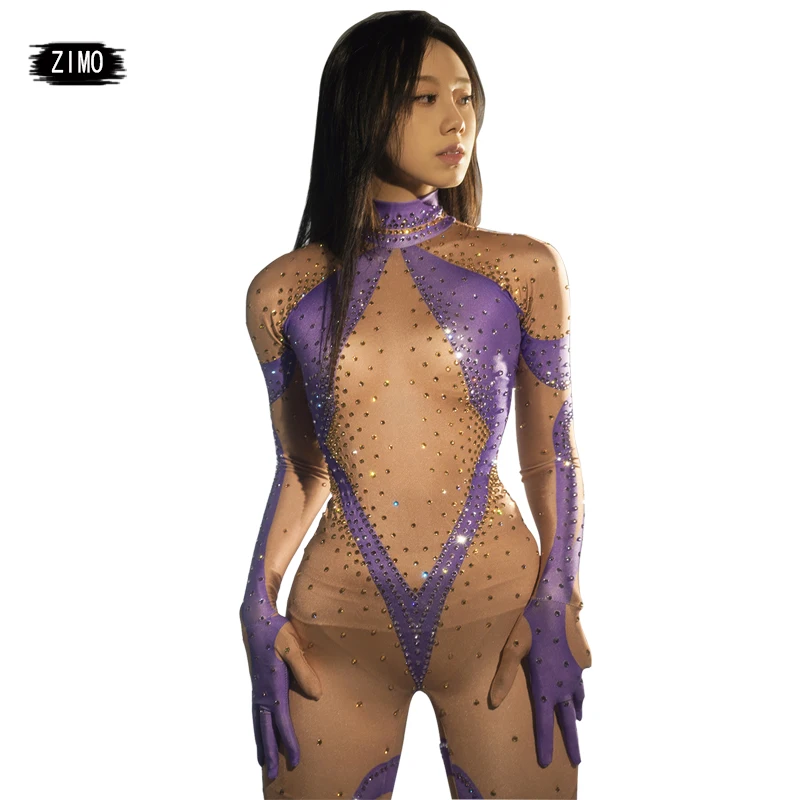 

Fashion Women Crystal Purple Sexy Bodysuit Stage Performance Spandex Elastic Leotard Birthday Party Club Bar Drag Queen Costume