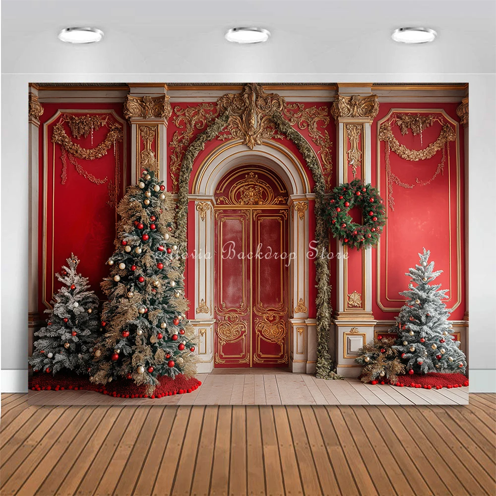 Vintage Gorgeous Door Christmas Background Xmas Tree and Gifts Photography Backdrop Adult Kids Portrait Photo Studio Props