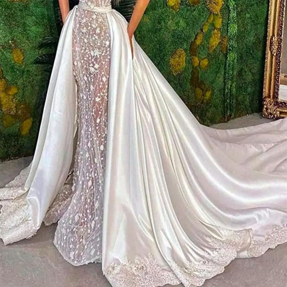 Luxury Wedding Detachable Skirt Satin Material Full Lace Edge Removable Long Train Bridal Dresses Accessories Over Skirt Custom