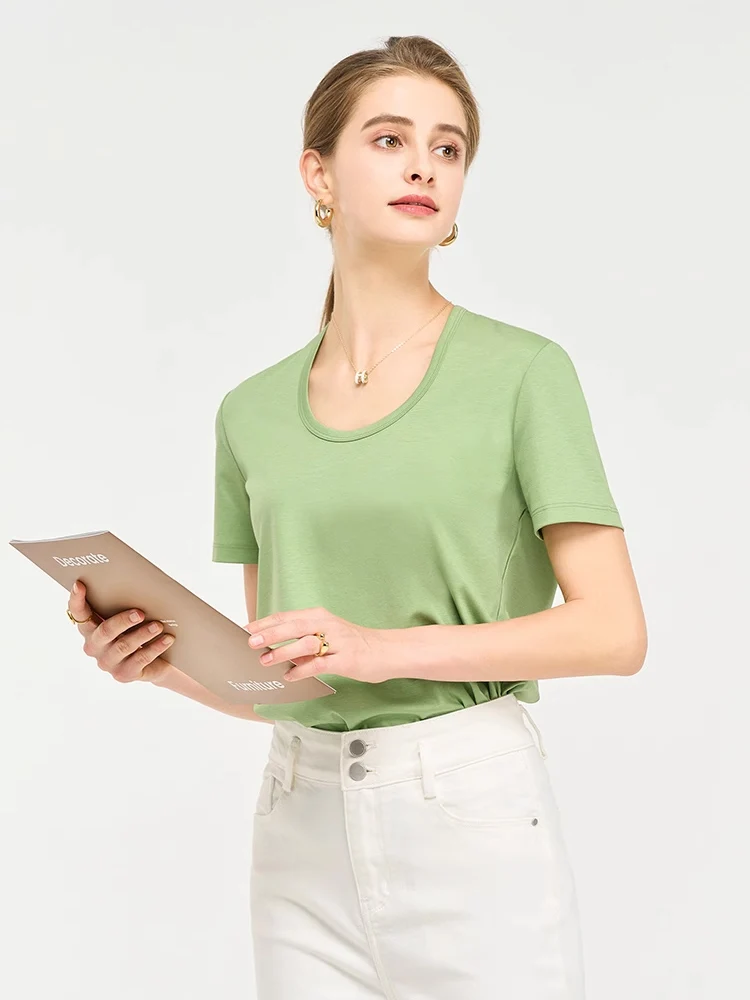 SuyaDream, Women Solid T Shirts, Silk Cotton Blend, Square Collar, Short Sleeved Tee, 2025 Summer Candy Colors Basic Cozy Top
