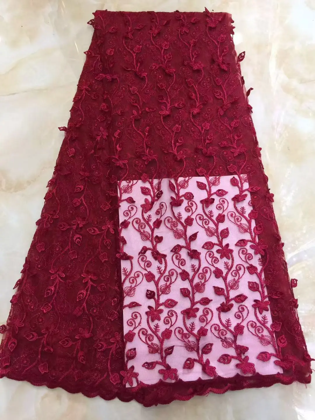 

Африканское кружево высокого качества, французское нигерийское сетчатое кружево, 3D сетчатые ткани, для свадебного шитья, красное, высокое качество, 5 ярдов G31-1