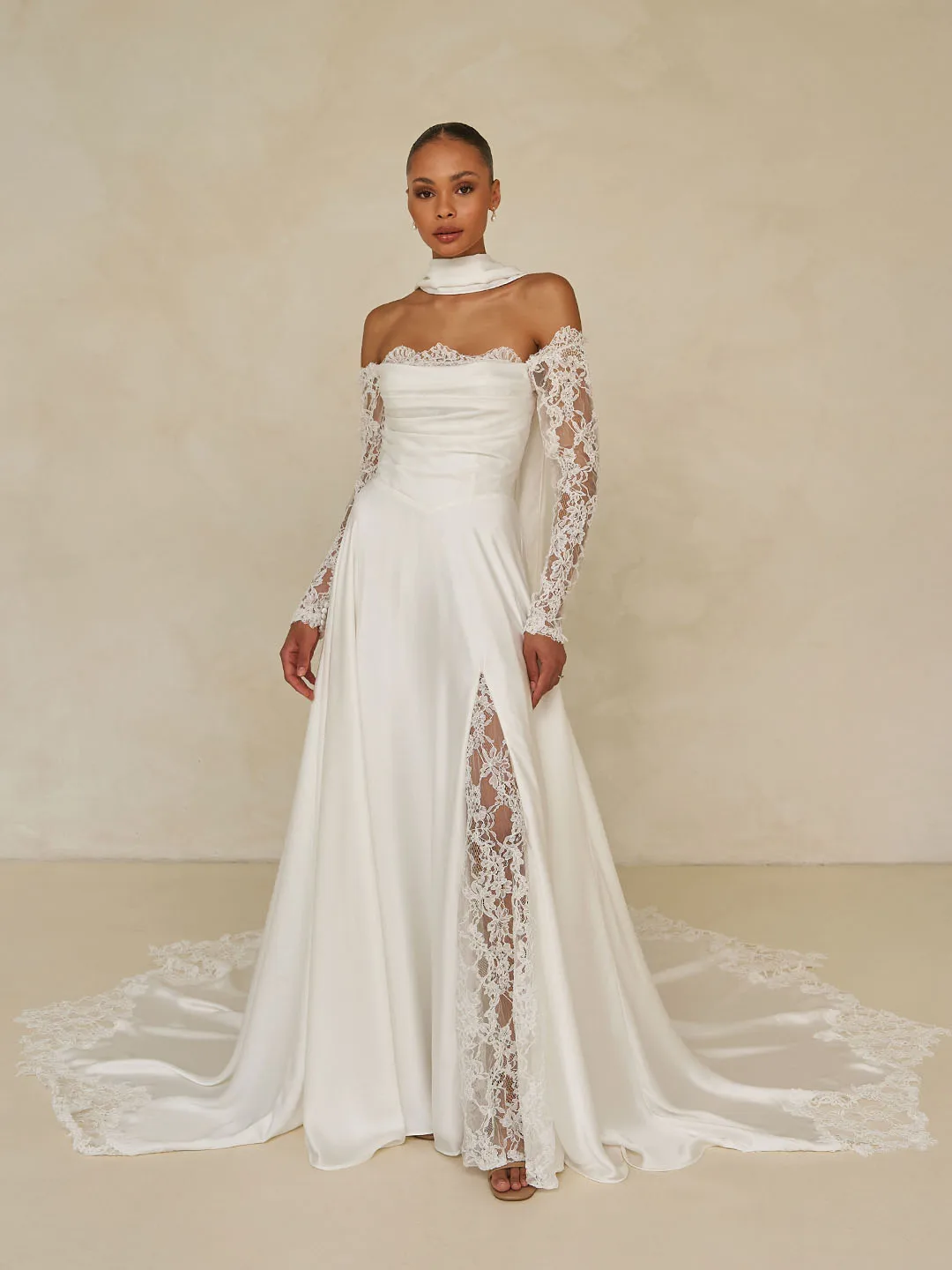 Элегантные атласные кружевные свадебные платья трапециевидной формы с открытыми плечами и длинными рукавами на заказ 2026 Vestido De