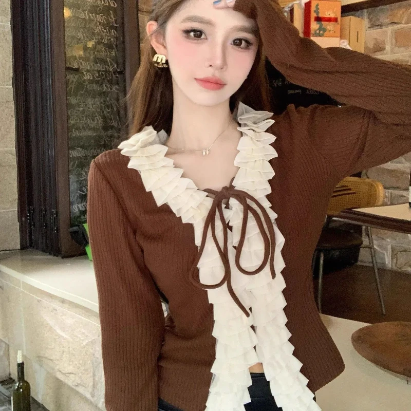 Color Blocking Ruffle Edge V-neck Knitted Undershirt New Women's Autumn French Style Waist Cinching and Lace Up Short Top