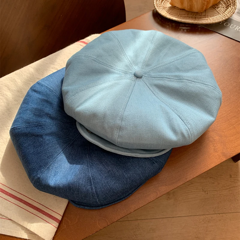 Personalized Felt Button Design Oversized Denim Berets for Women Summer Ins Korean Versatile Show Face Small Cloud Painter Hat