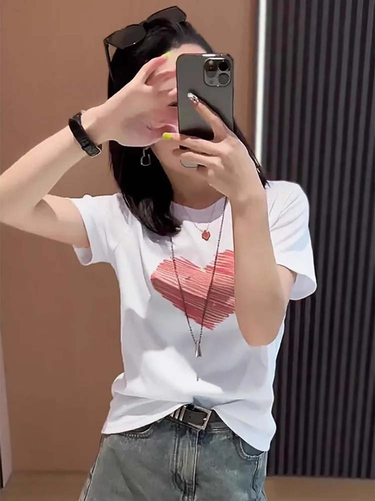 Casual Style Graffiti Heart Print Short Sleeve Slim Fit T-Shirt High Waist Short Length Fashionable Younger Looking Women's Top