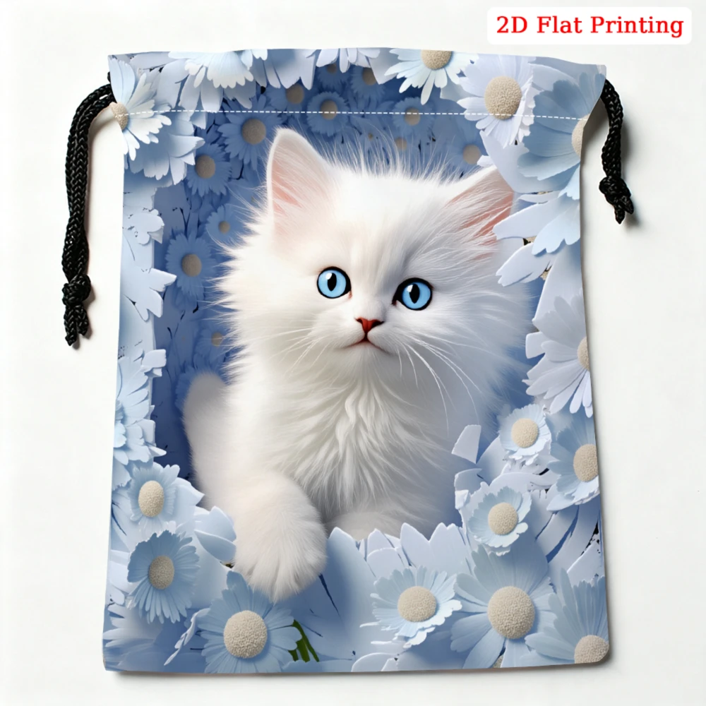 1pc Cute White Cat Floral Print Drawstring Bag Blue 2d Flat Printing Storage Small Pouch For Glasses Cosmetics Travel Organizer