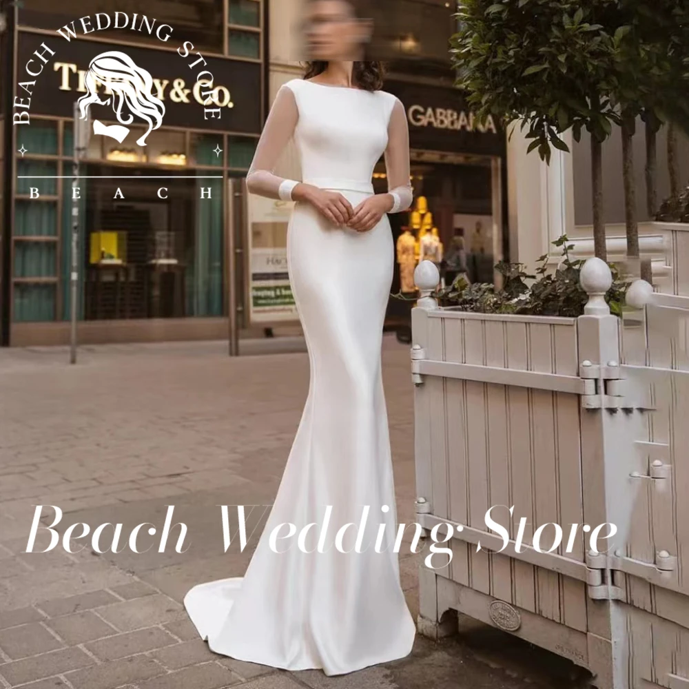 Abito da sposa tubino a maniche lunghe trasparente personalizzato da spiaggia Semplice scollo rotondo Abiti da sposa in morbido raso con lacci senza schienale Sweep Train