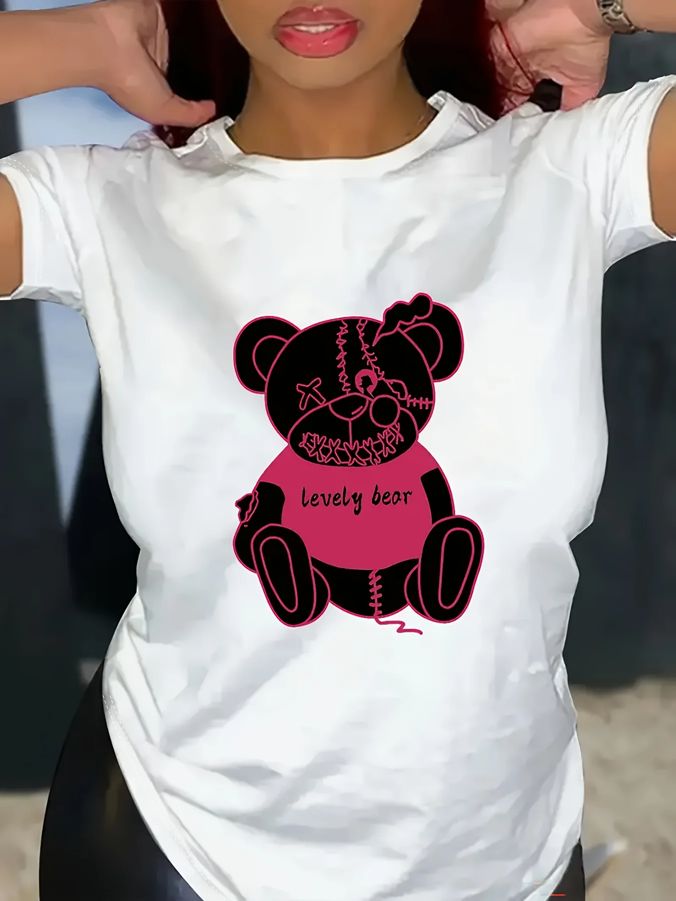 

Bear Print Crew Neck T-Shirt, Casual Short Sleeve Top For Spring & Summer, Women's Clothing tshirt