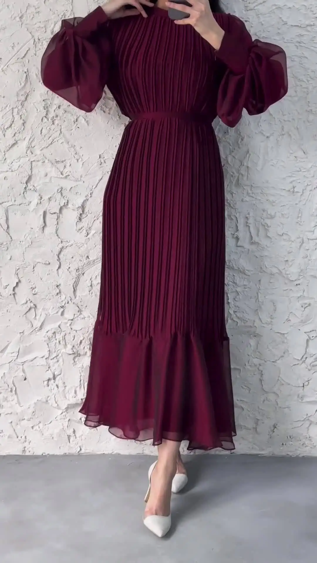 Vintage Women Pleats Mermaid Lantern Sleeves Elegant Lady Party Dresses High Collar Solid Graceful Lady Gowns Autumn Winter 2024