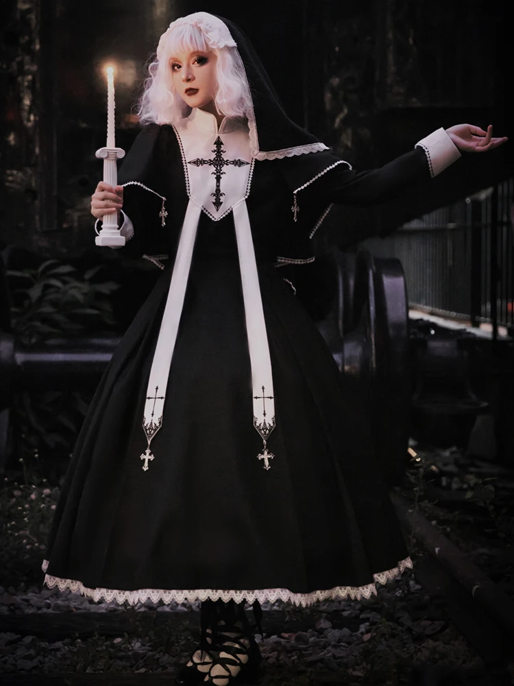 Original Lolita Halloween Nun Daily Gothic Dark Maid Dress Oplolita Dress Long Sleeved Cross Witch Costume