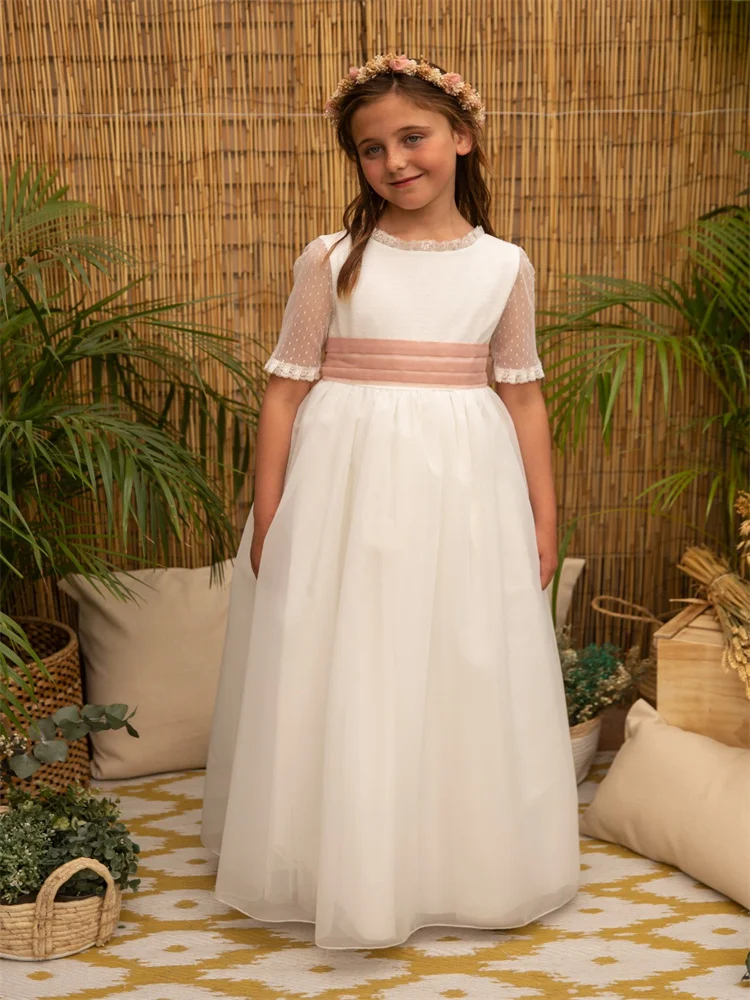 New Arrival Round Neckline Short Sleeves Tulle A-Line Flower Girl Dress Elegant Back Button Waist Bow Floor Length Gown 2024