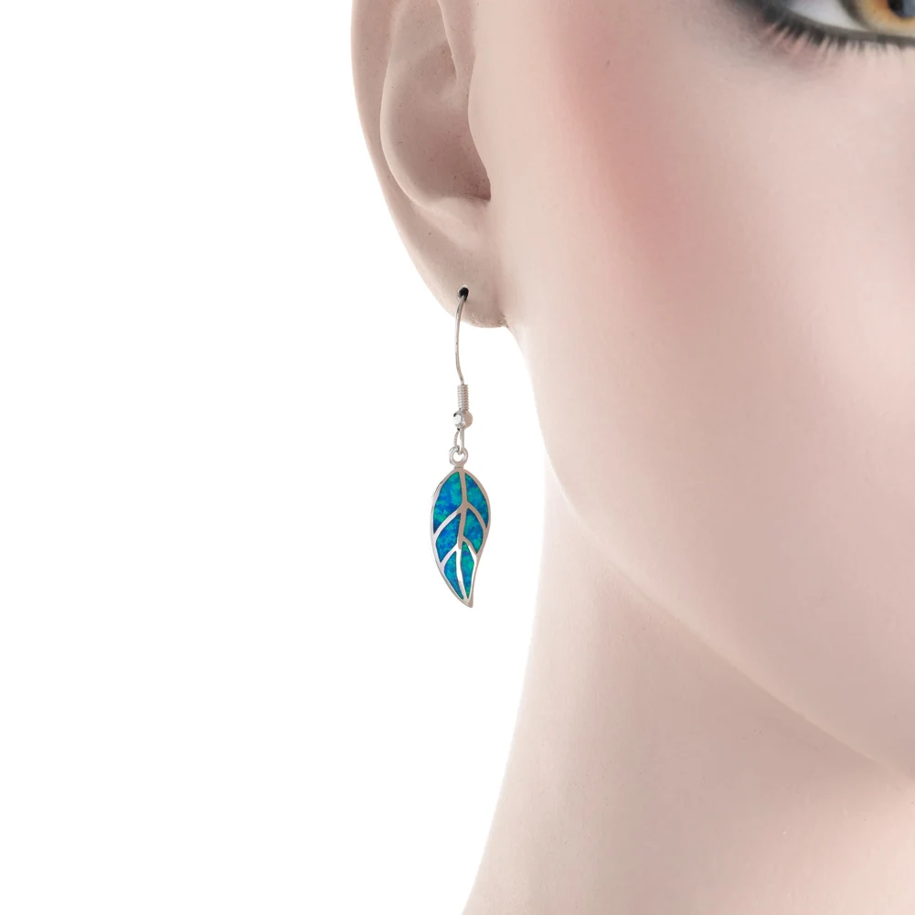 KONGMOON Nature Leaf Shape Ocean Blue Fire Opal Jewelry for Women Dangle Drop Earrings