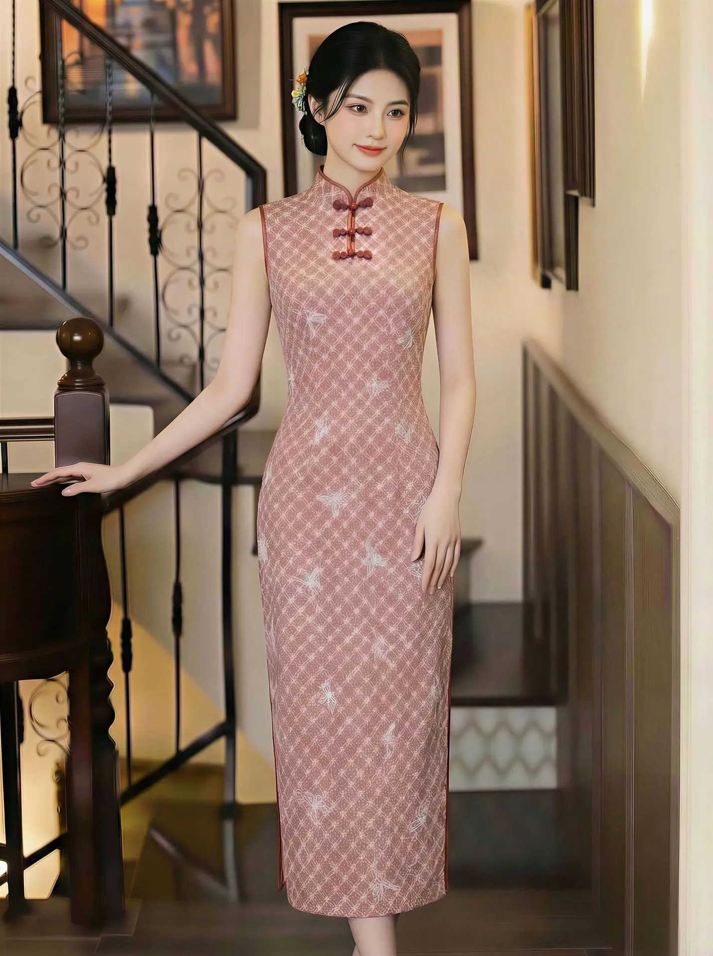 

National Styl Chinese Style Suzhou Long Cheongsam Women's Summer Plaid Handmade Buttons Sleeveless Qipao