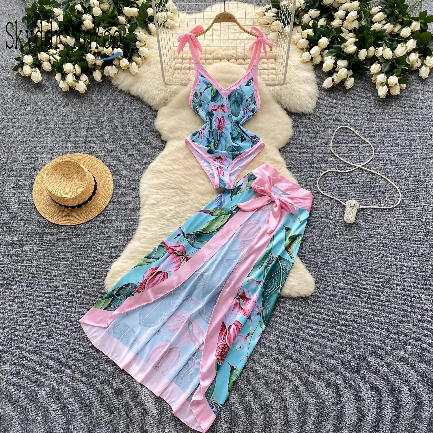 Summer Beach Holiday Sets For Women 2 Pieces Printed Sexy Camisole Jumpsuit And Strap Skirt Two Piece Swimwear