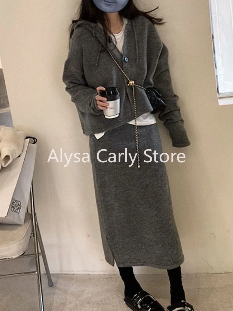 Elegant Knitting 2 Piece Set Women Long Sleeve Coat + Casual Midi Skirt 2023 Winter Vintage Party Office Lady Korean Knited Suit