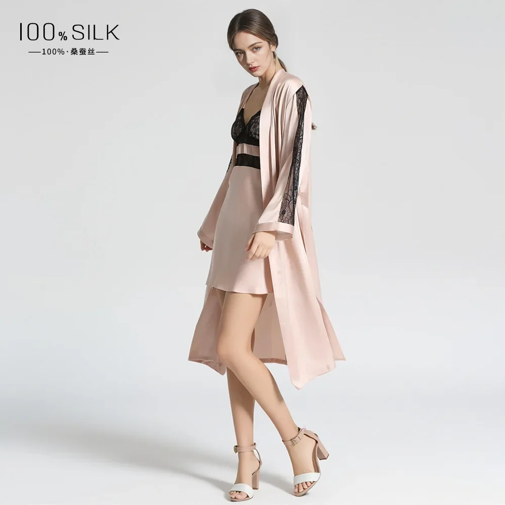 100% Mulberry Silk Morning Gown Sexy Bathrobes for Women Shower Sheer Lace V Neck Robe Lingerie Midi Nightgown Chemise Robes PJ