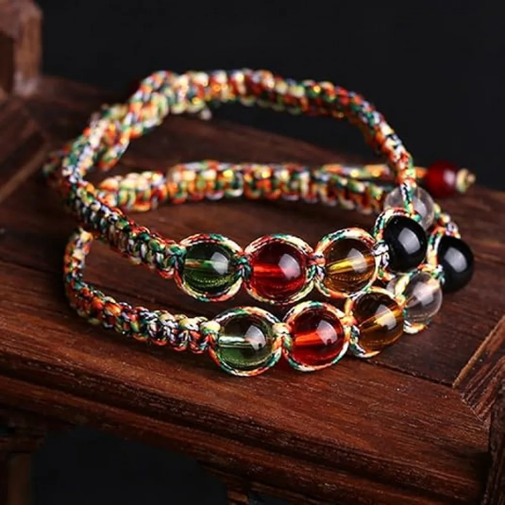 2 Pack Five Elements Color Bead Braided Bracelets, Adjustable Hand-Woven Multicolor Rope Lucky Charm Wrist Jewelry, Oriental Feng Shui Balance Energy Bracelet for Men Women Meditation Birthday Holiday Gift
