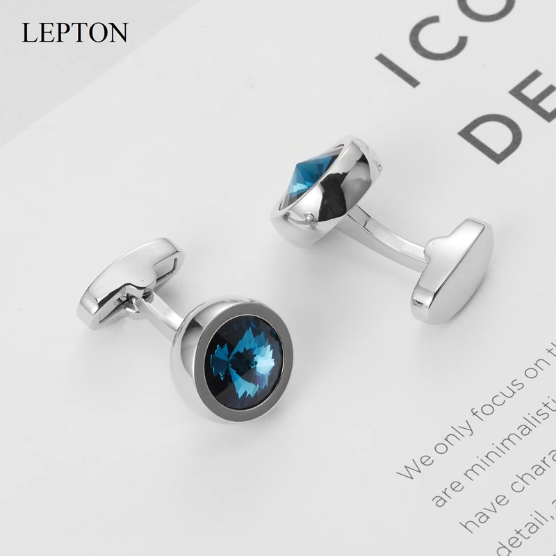 Lepton Low-key Luxury Dark Blue Crystal Cufflinks For Men  Fashion Round Metal Cufflink Wedding Groom Cuff Links Relojes Gemelos
