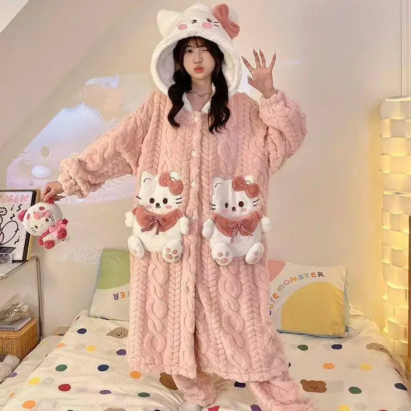 Hot Selling Hello Kittys Velvet Thick Sleeprobe Women's Set Autumn Winter Coral Velvet Home Clothes Warm Bathrobe Sleepwear Long