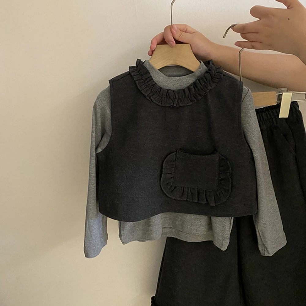Bär Führer Mode Grau Kinder Kleidung Mädchen Koreanische Version Langarm Basis Shirt + Weste + Hosen 3 Stücke Herbst kinder Sets – Detail 5