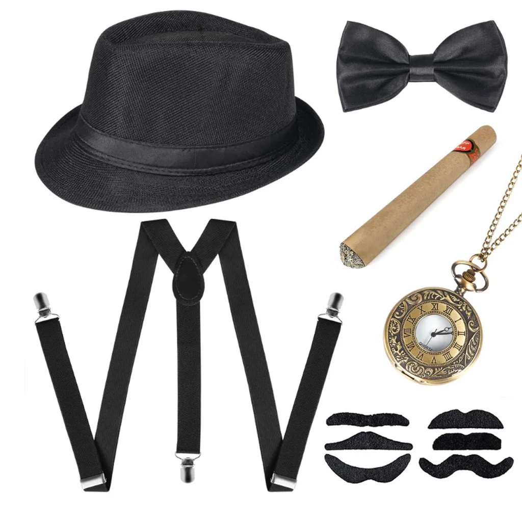 1920s Men Costume Accessories Set 30s Manhattan Gangster Beret Y-Back Suspender pocket watch 1920s Men Gatsby Costume Beard