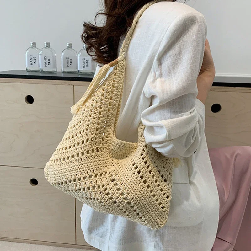 Women Crochet Tote Bag Fashion Knitted Bag Large Capacity Hollow Out Bag Solid Color Tassels Woven Shoulder Beach Tote 2024