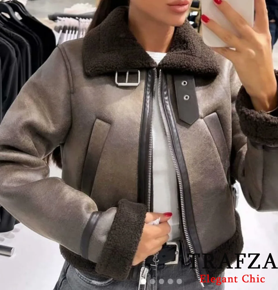 TRAFZA-Women's Retro Reversible Jacket Coat Round Collar Zip Plush Brown Coat New 2024 Autumn and Winter Charming Retro Coat