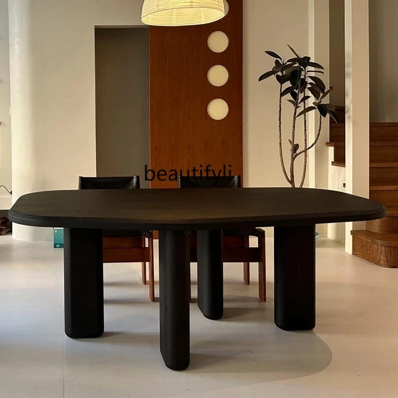 

P Solid wood dining table, silent wind, ancient and retro black walnut dining table, large apartment dining table Italian style