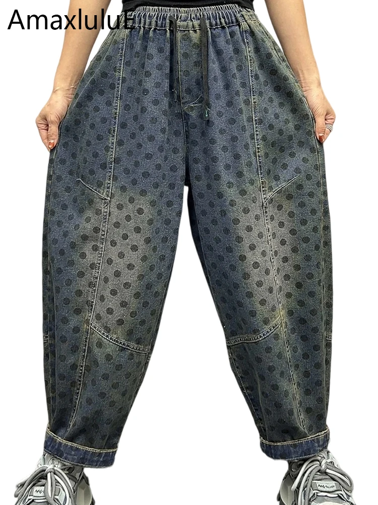 

AmaxluluE женские весенние модные джинсы в горошек с принтом, свободные винтажные женские джинсовые брюки, повседневные классические шаровары с эластичной резинкой на талии
