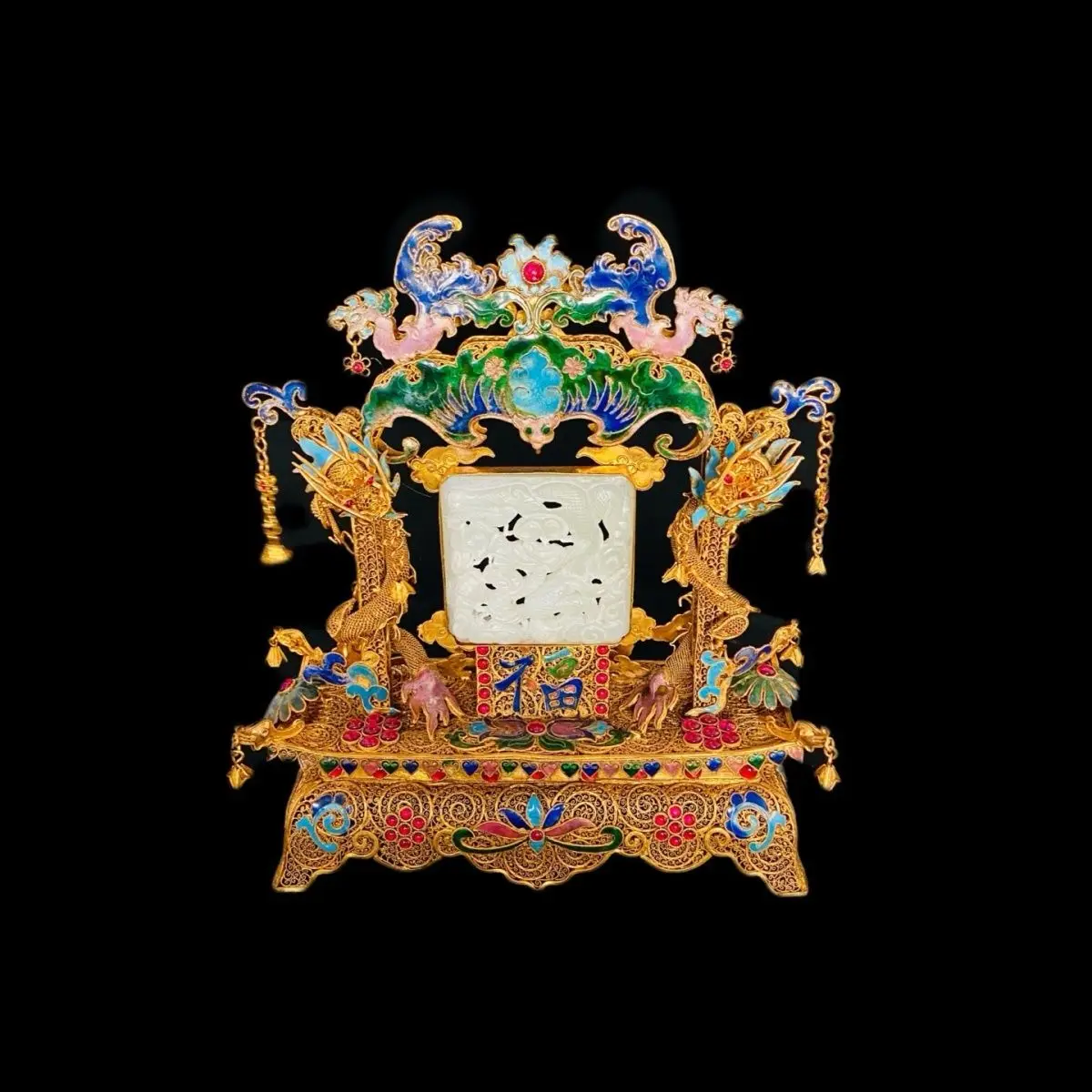 Filigree inlaid cloisonne embellished double dragon screen antique collection ornament