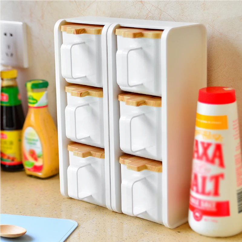 Kitchen Seasoning Box Holder Set Transparent Salt Pepper Cumin Powder Condiment Storage Rack Spice Jar Herb Organizer Tools