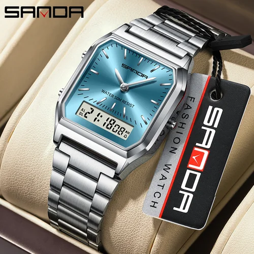Imagen 1 del producto SANDA 747 relojes de lujo estilo G para hombre, reloj de acero inoxidable para mujer con pantalla Dual Digital LED, reloj de cuarzo deportivo resistente al agua Unisex
