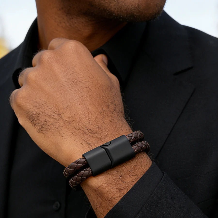 Punk Weaven PU Leather Men Bracelet Handmade High Quality Bilayer String Magnetic Clasp Braslet Office Cool Homme Hand Jewelry