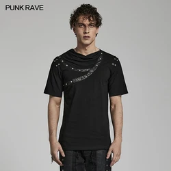 PUNK RAVE Men's Punk Daily Asymmetric Drop Collar Cracked Leather T-shirt Handsome Cool Casual Black Tees Tops Summer