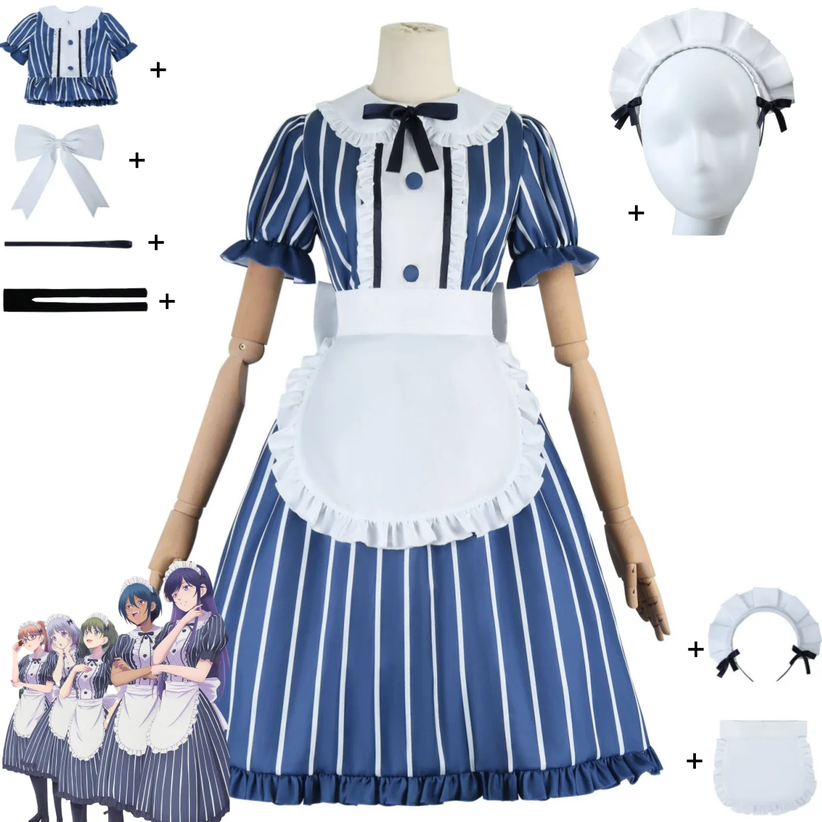 Anime The Cafe Terrace and Its Goddesses Makusawa Oka Soya Moemi Takasaki Mao Cosplay Costume Stripe Maid Attire Lovely Dress