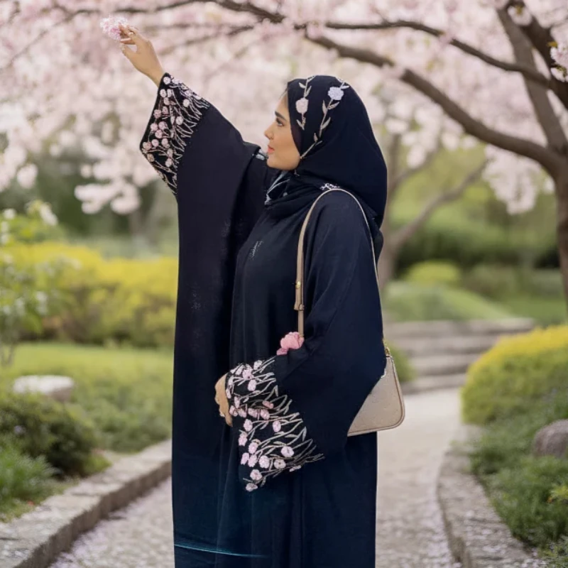 عباية كيمونو مطرزة دبي فاخرة مسلمة زهرة سوداء عبايات سعودية مفتوحة للنساء فستان حجاب قفطان ملابس إسلامية رمضان #2