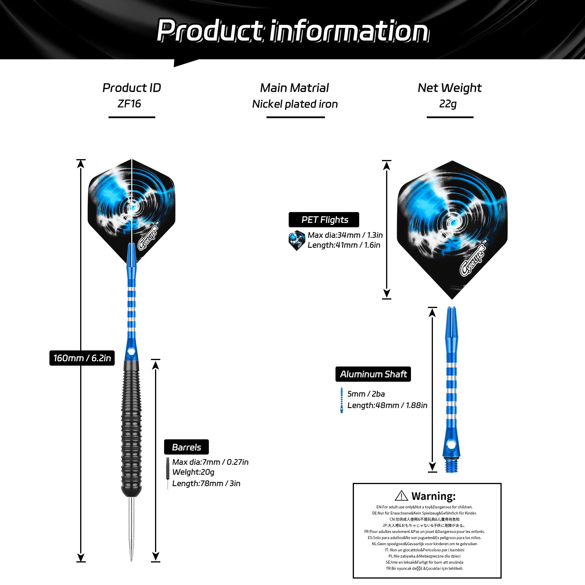 CyeeLife 3Pcs 22g Professional Hard Dart Total Length 167mm Steel Tip Darts Barrel Dart Aluminum Shaft Darts Flights