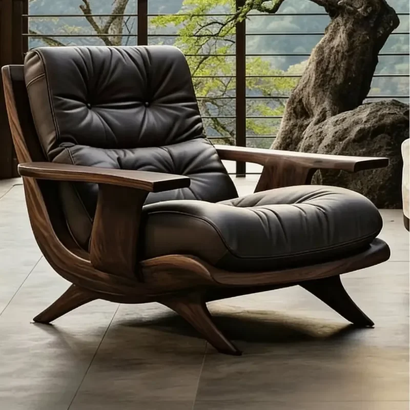 Comfort Reading Armchair Padded Tufted Upholstered Bench Vintage Walnut Finish Indoor Lounge Chair for Home Living Room