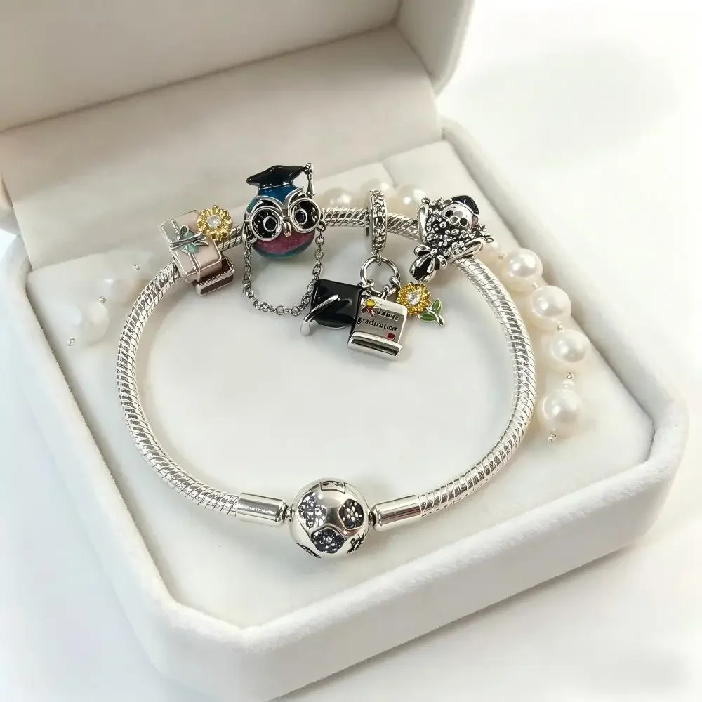 925 Silver Graduation Theme Bear Bouquet Beads Pendant Bracelet Bag Keychain Charms DIY Necklace Exquisite Jewelry Gift with Box