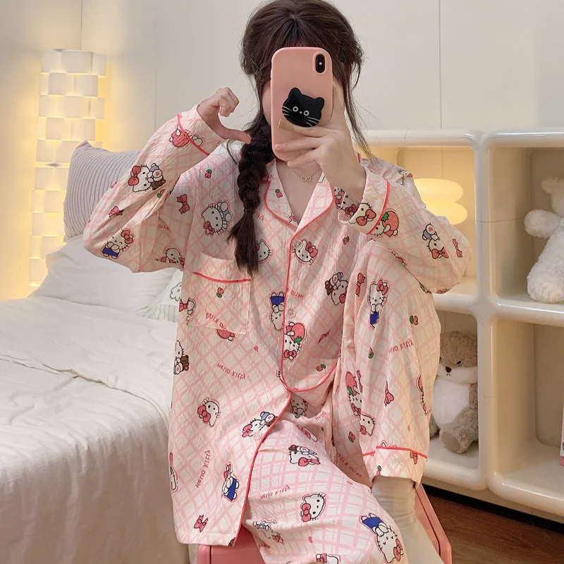 Pijamas de algodón con dibujos animados de Hello Kitty para mujer, conjunto de ropa de casa de manga larga con diseño de nube rosa dulce para primavera y otoño