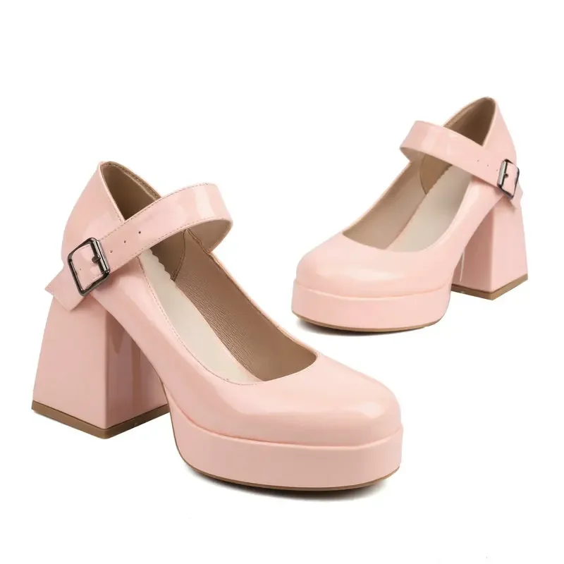 

Patent Black Pink Round Toe Women Pumps Buckle Belt Mature Lolita Chunky High Heels Big Size 44 45 46 Platform Mary Janes Shoes