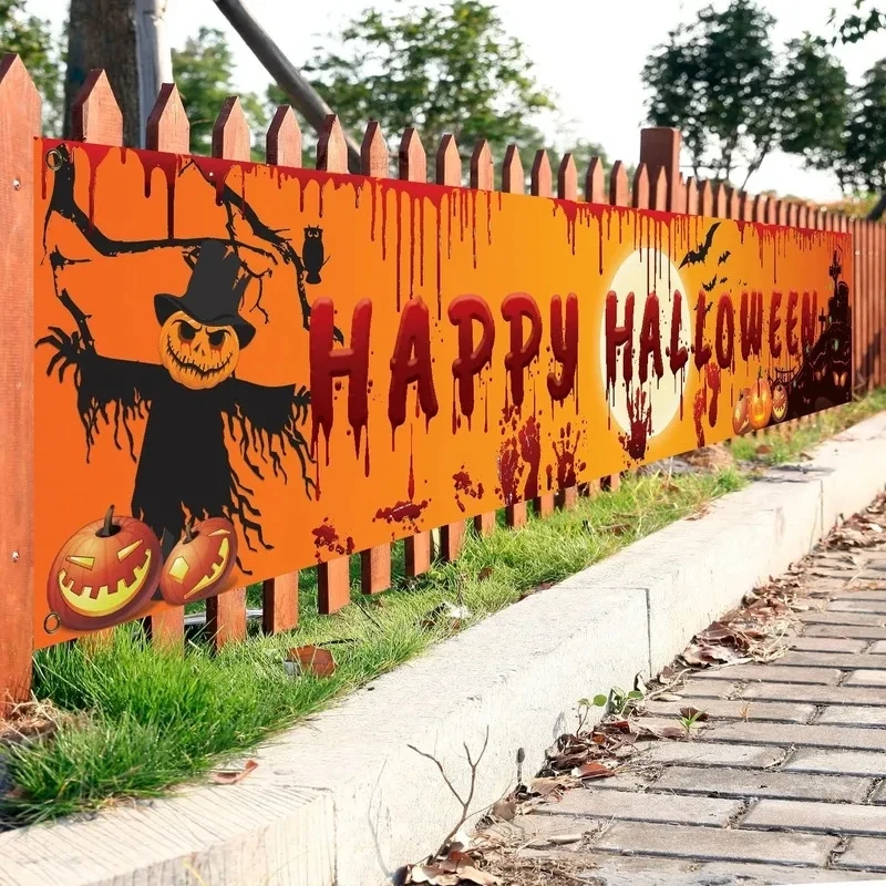 

250cmx49cm Halloween Banner Bloody Handprint Happy Halloween Pumpkin Banner Garland For Horror Party Porch Outdoor Hanging Decor