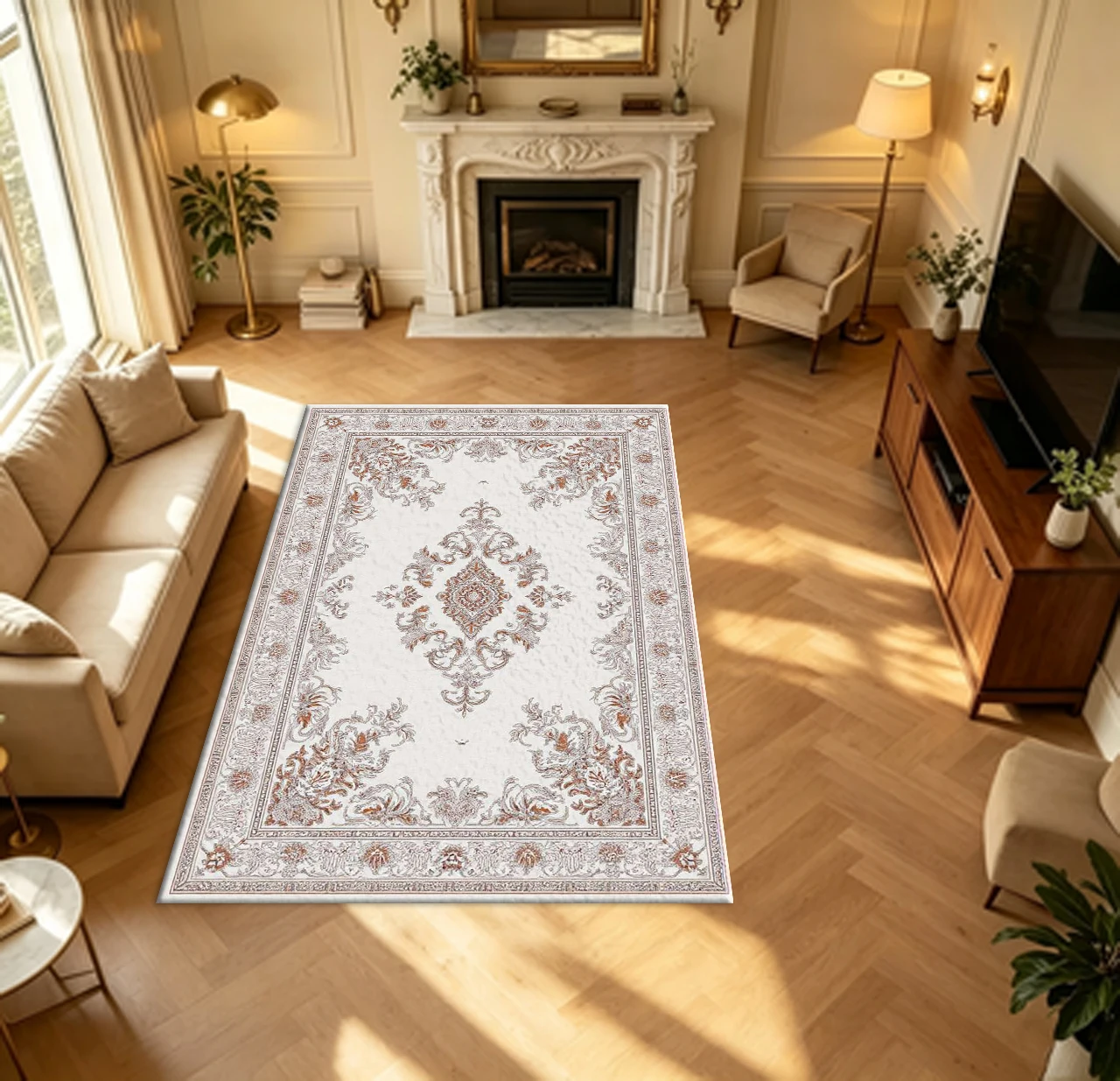 White Beige Vintage Persian Medallion Carpet Flooring Elegant Floral Border Household Living Room Indoor Decor Area Rug