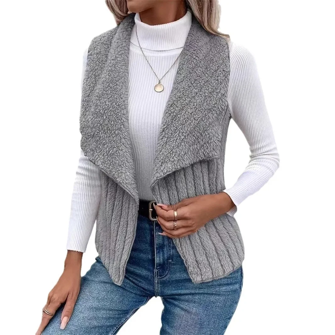 New Autumn Winter Solid Vests Women Solid V-Neck Fleece Vests Open Stitch Sleeveless Jackets Ladies Casual Slim Basic Vests Coat