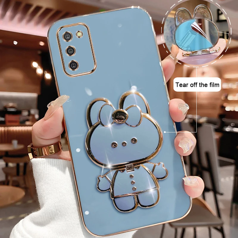 For Samsung Galaxy A03S Phone Case Soft Silicone Solid Color Plating Cartoon Rabbit Fold Stand Makeup Mirror Bracket Cover