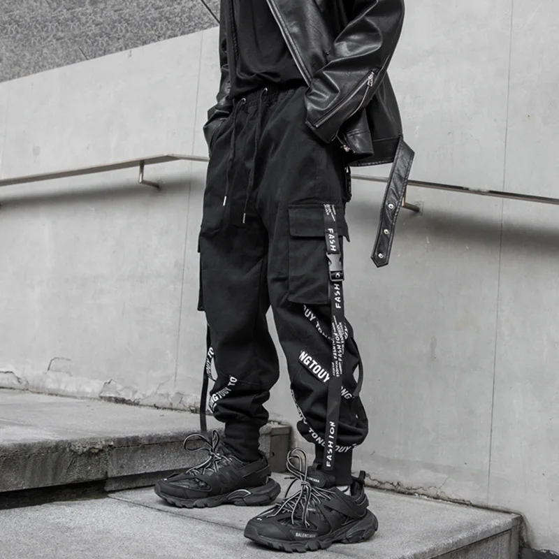 

Stylish Techwear Men Cargo Pants Hip Hop Streetwear High Street Jogger Male Trousers Ribbons Pockets Harem Pants for Male