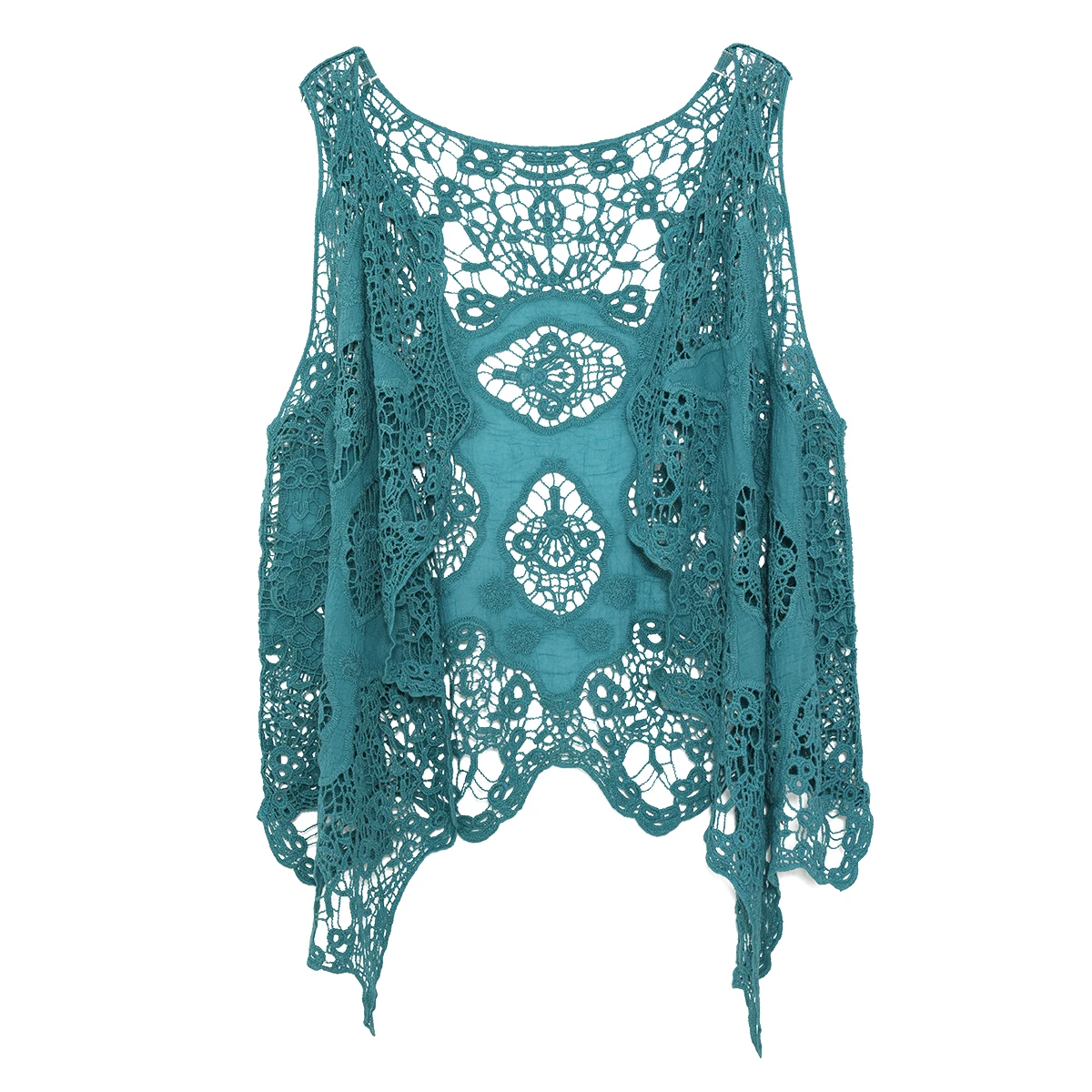Jastie Hippie Froral Patch Design Vest, Vintage Retro Crochet, Verão Praia Cover Up Top, Quimono de ponto aberto assimétrico