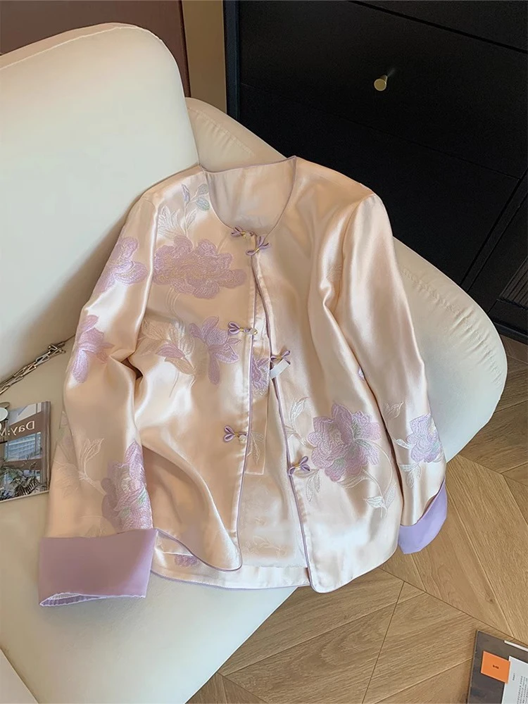 Ele rond Ne Satin brodé Floral Jaet coupe ample femmes Sle chinois traditionnel Faion vêtements d'extérieur pour l'automne